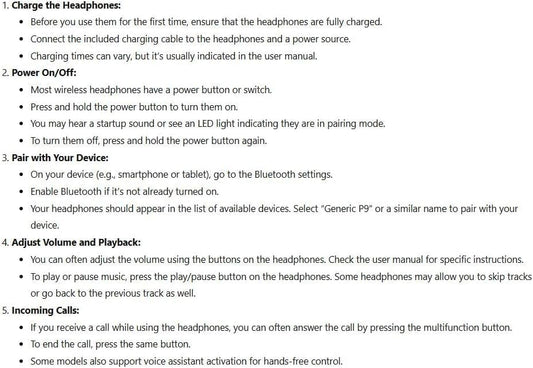 Ultra Wireless Bluetooth Headphones with Mic – Over Ear, 10Hr Playtime (P9)