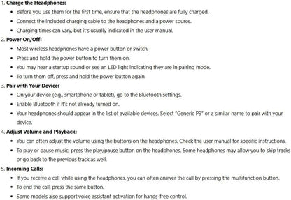 Ultra Wireless Bluetooth Headphones with Mic – Over Ear, 10Hr Playtime (P9)